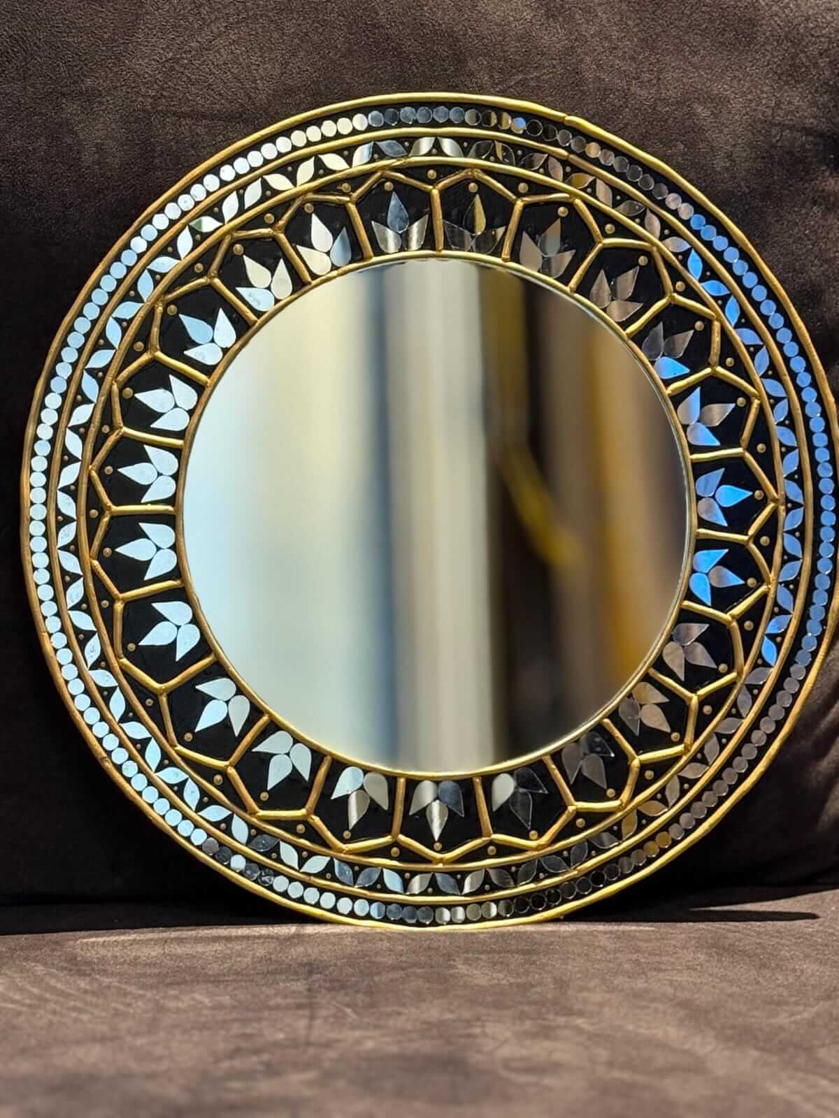 Decorative Round Wall Mirror, Black Lippan Art, Traditional Indian Design - Image 2